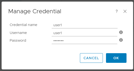 Screen capture showing the Manage Credential dialog box.