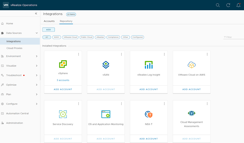 Screen capture showing the Repository tab on the VMware vRealize Operations Integrations page.
