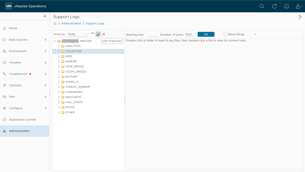 Screen capture showing the VMware vRealize Operations Support Logs page with the COLLECTOR option in the expanded list of subfolders selected.
