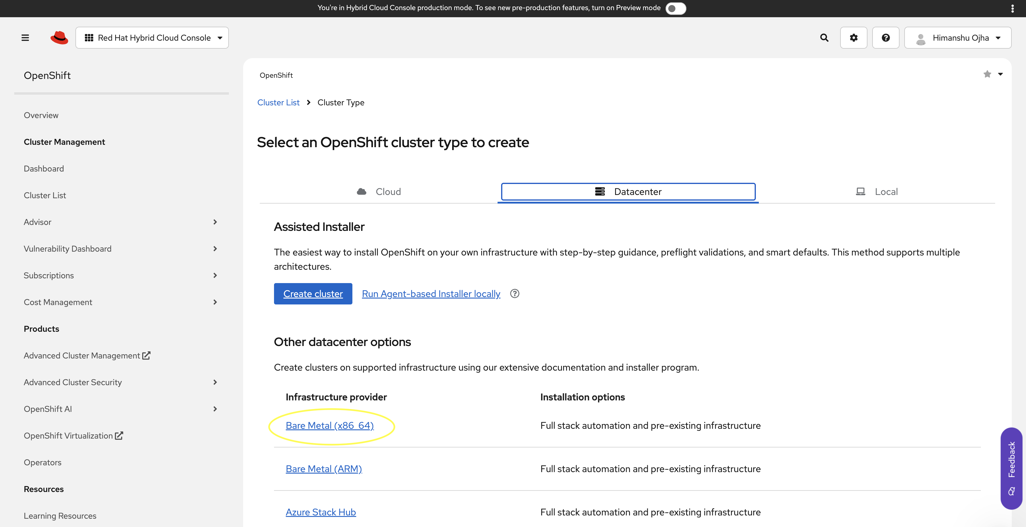 picture of the datacenter types for OpenShift