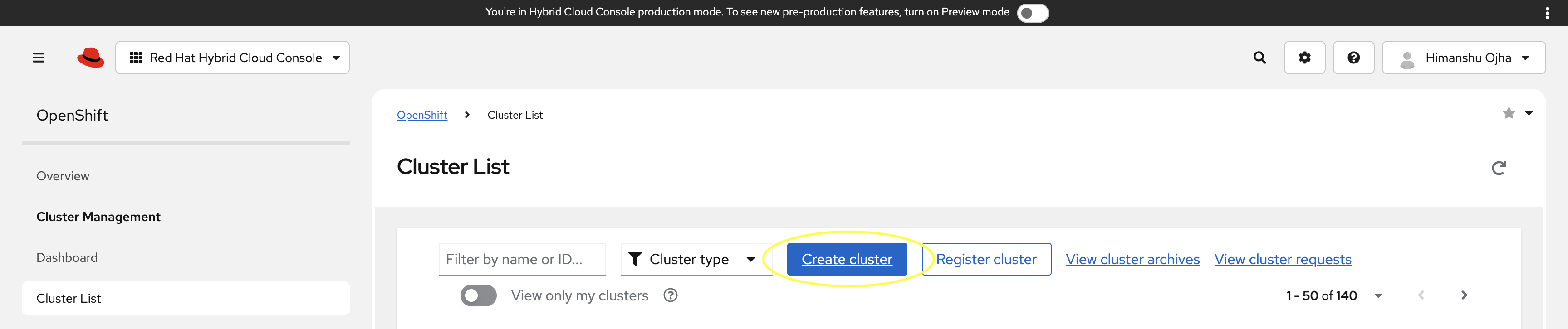 picture of the Create Cluster button