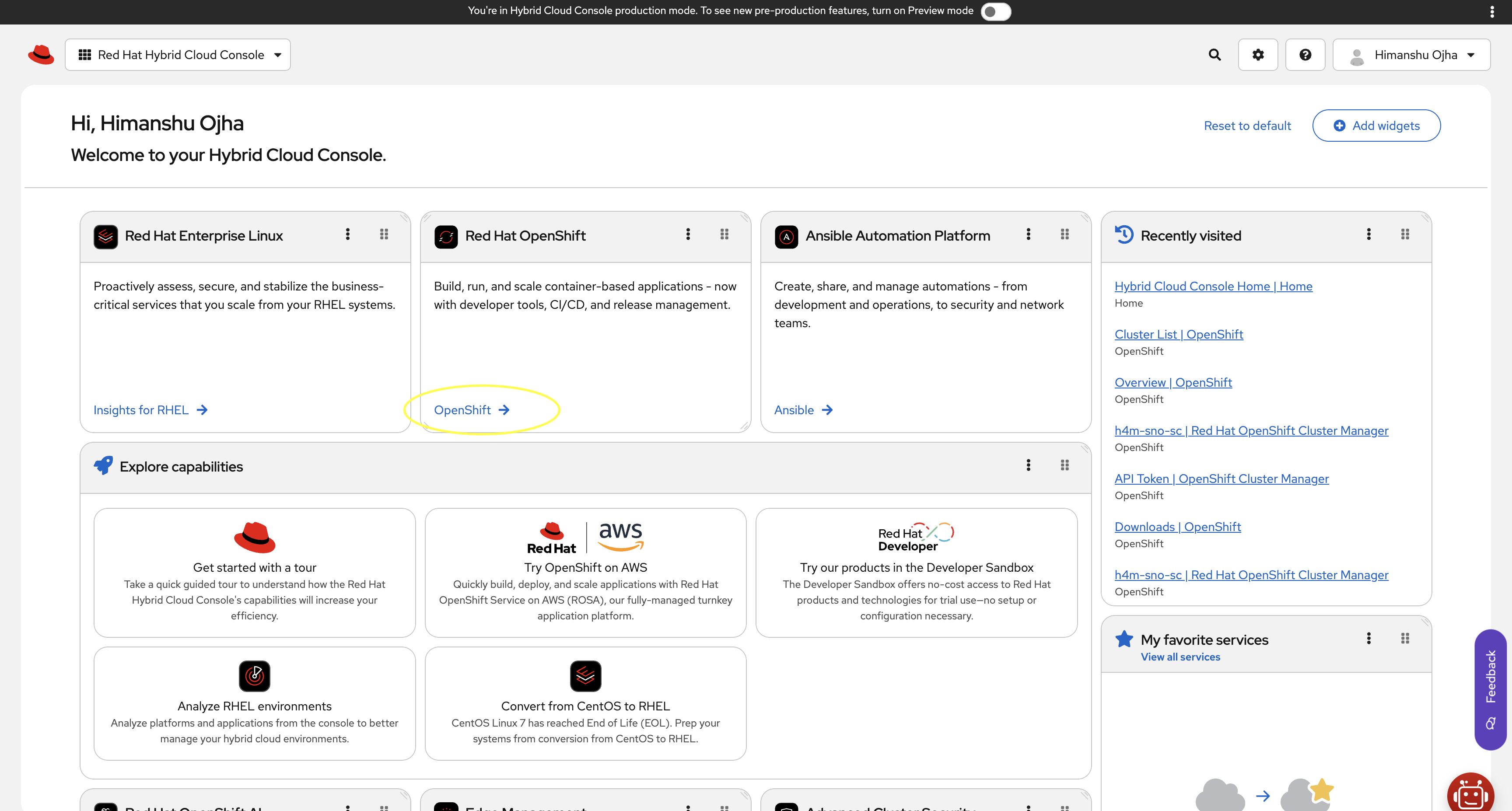 picture of Manage OpenShift Clusters link