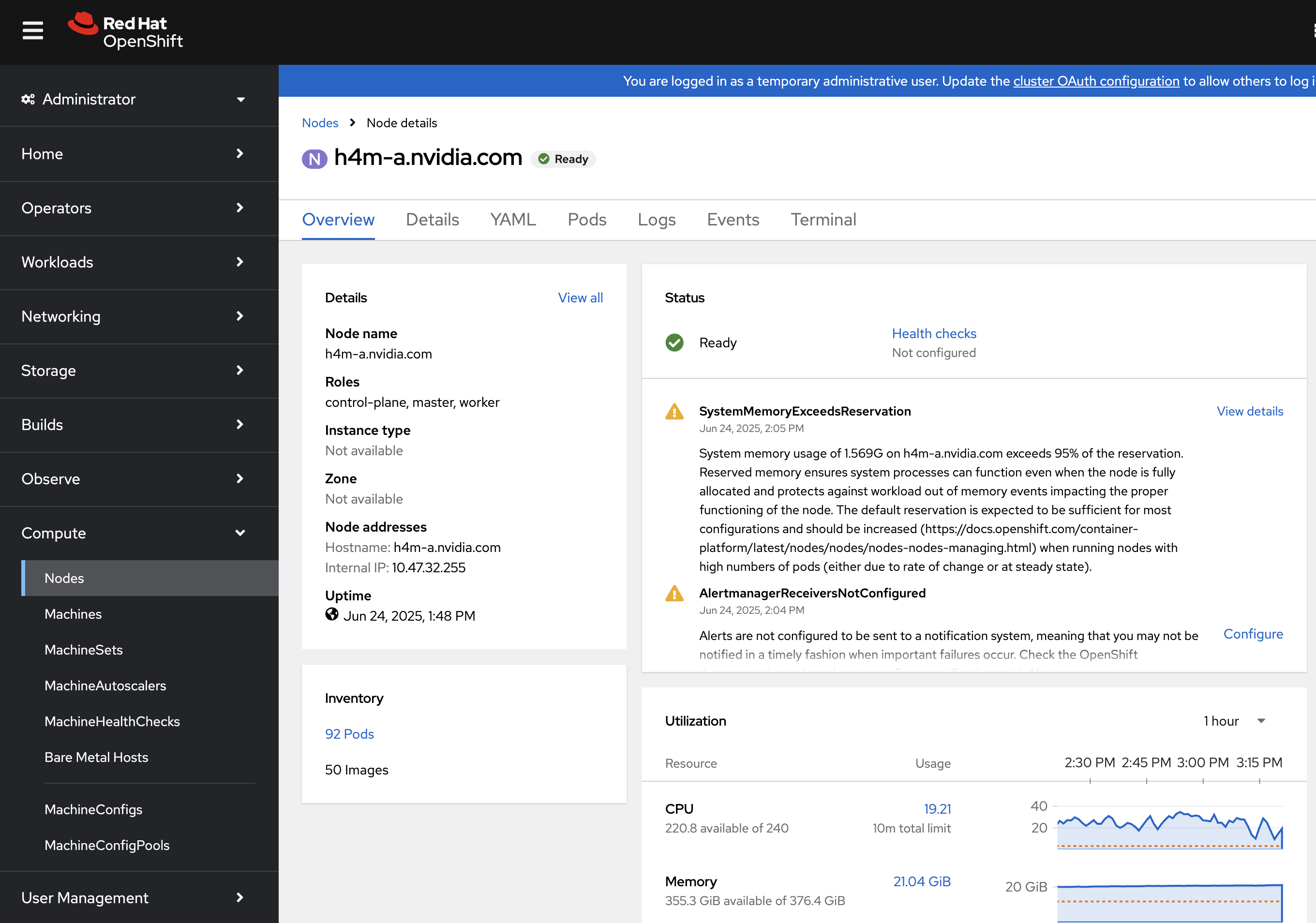 picture of OpenShift node information page