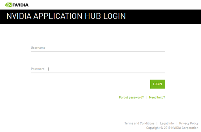 NVIDIA Applications Hub login screen.