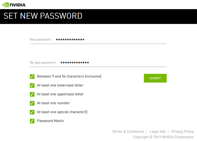 Set new password screen.