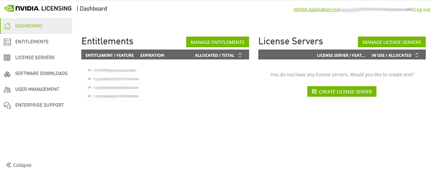 NVIDIA licensing portal screen.