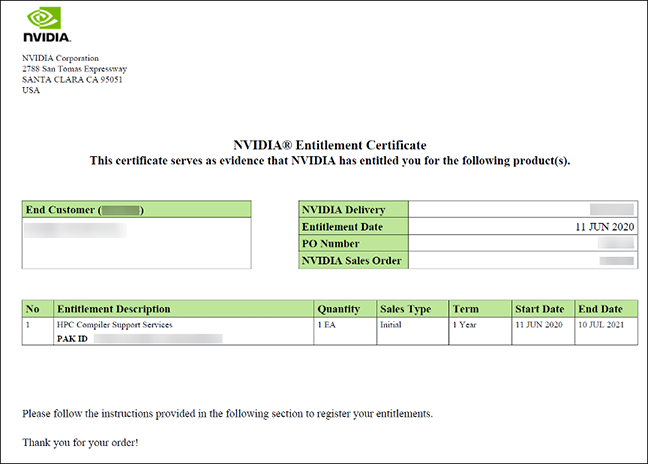 HPC Compilers Support Services enrollment certificate.