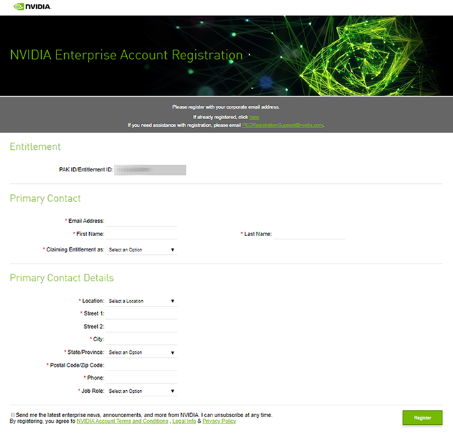 NVIDIA Enterprise Account registration form.
