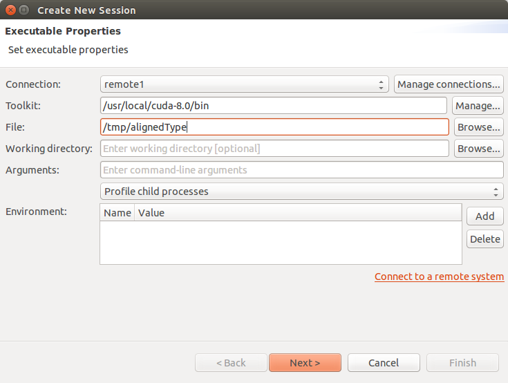 Profiler new session dialog showing how a remote system can be configured.