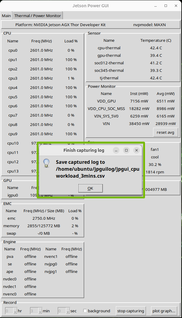 The main tab of Jetson Power GUI, with the "Finish capturing log" dialog highlighted.