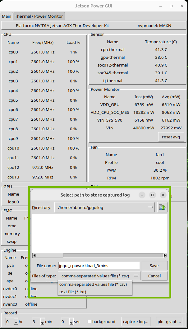 The main tab of Jetson Power GUI, with the "Select path to store captured log" dialog highlighted. In the dialog, the "Files of type" menu is expanded.