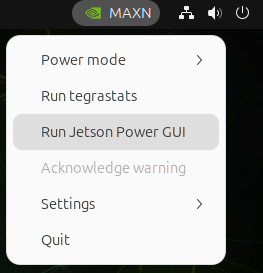 The nvpmodel menu. "Run Jetson Power GUI" is selected.