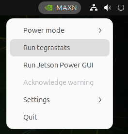 The nvpmodel menu. "Run tegrastats" is selected.