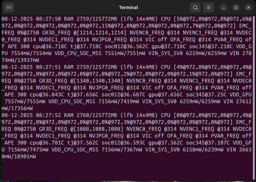 A terminal window showing three sets of time-stamped stats.