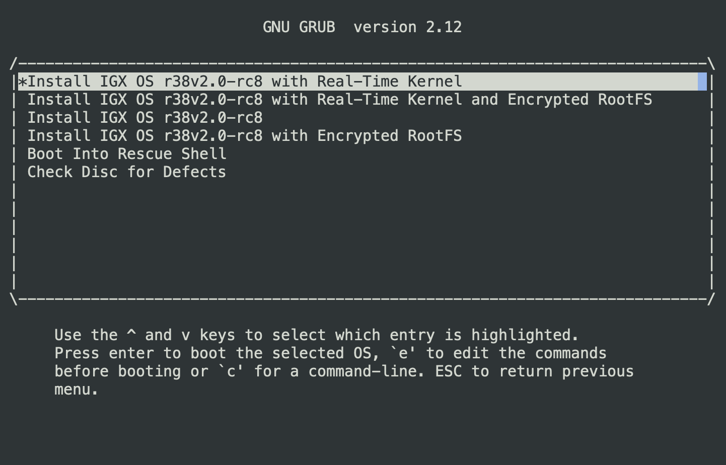 GRUB menu showing IGX OS installation options