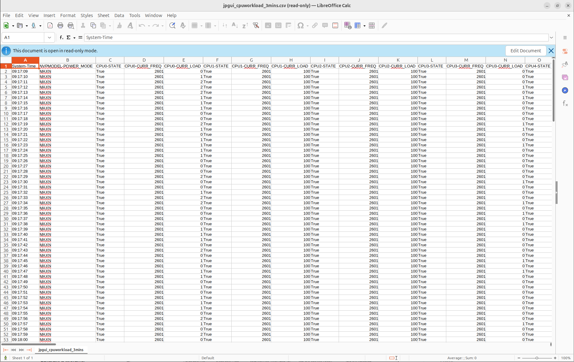 Spreadsheet program showing captured log data