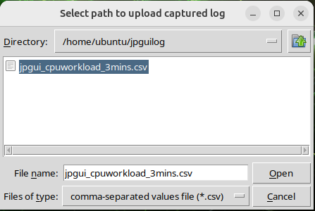 "Select path to upload captured log" dialog with a file name entered in the "File name" field
