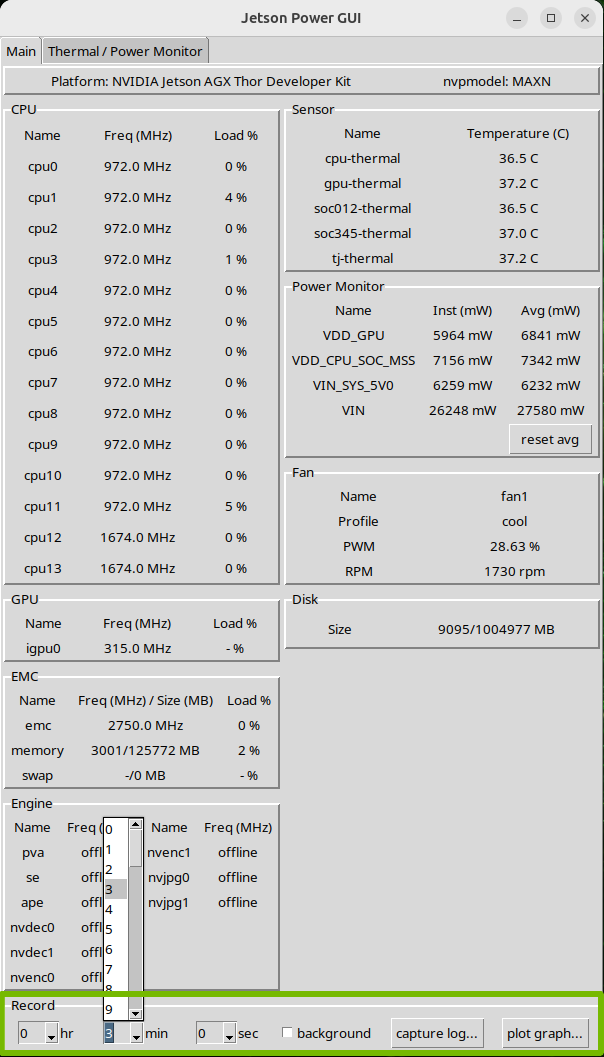 The main tab of Jetson Power GUI. In the Record section, highlighted at the bottom of the tab, the menu for min (minutes) is expanded. The value 3 is selected.