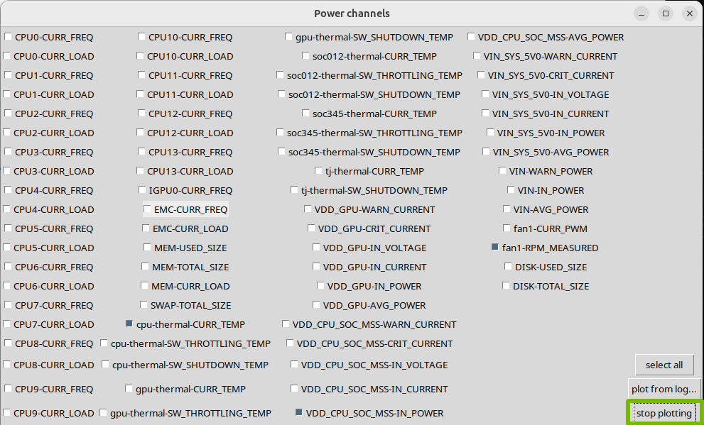 The "Power channels" window with the "stop plotting" button highlighted.