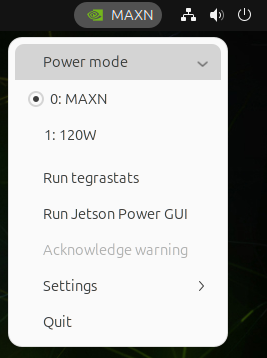 The nvpmodel menu with the Power Mode submenu expanded. "O: MAXN" is selected.