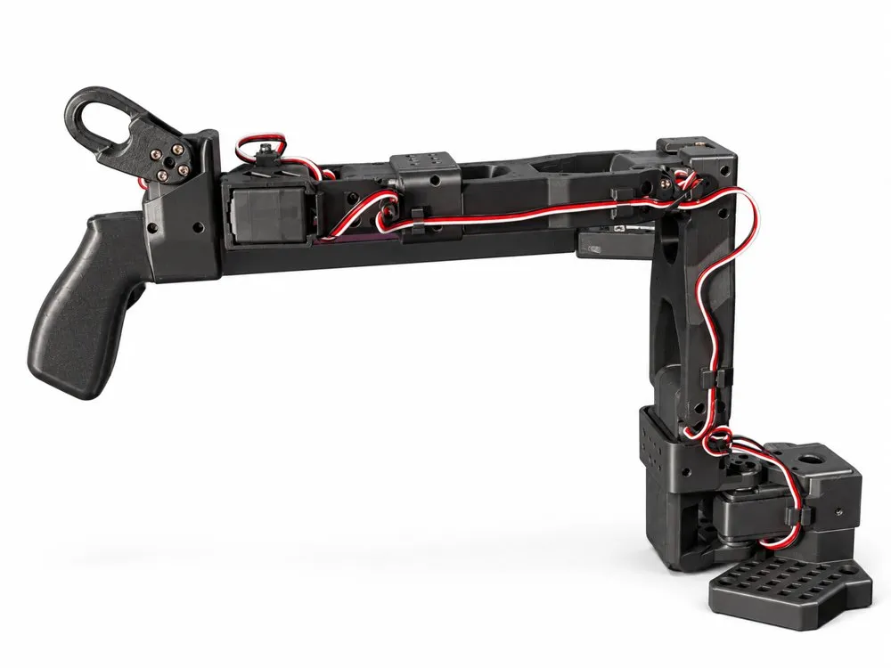 SO-101 leader arm held in the mid-range calibration pose