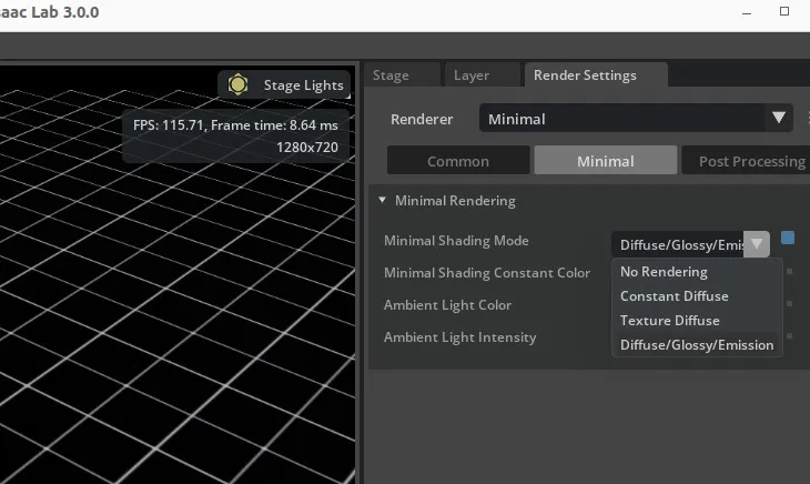 Render Settings panel showing the Minimal Shading Mode options