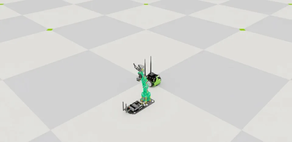 Jetbot and Dofbot running in the example scene.