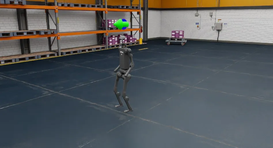 H1 policy running in a warehouse USD scene