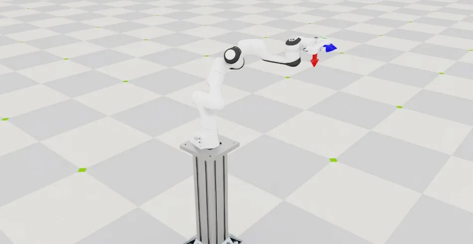 Franka arms on stands with coordinate-frame markers at their end effectors.