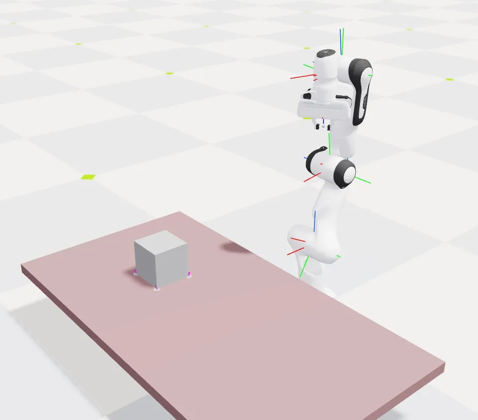 Joint arrow markers on a Franka arm and contact sensor markers on a cube