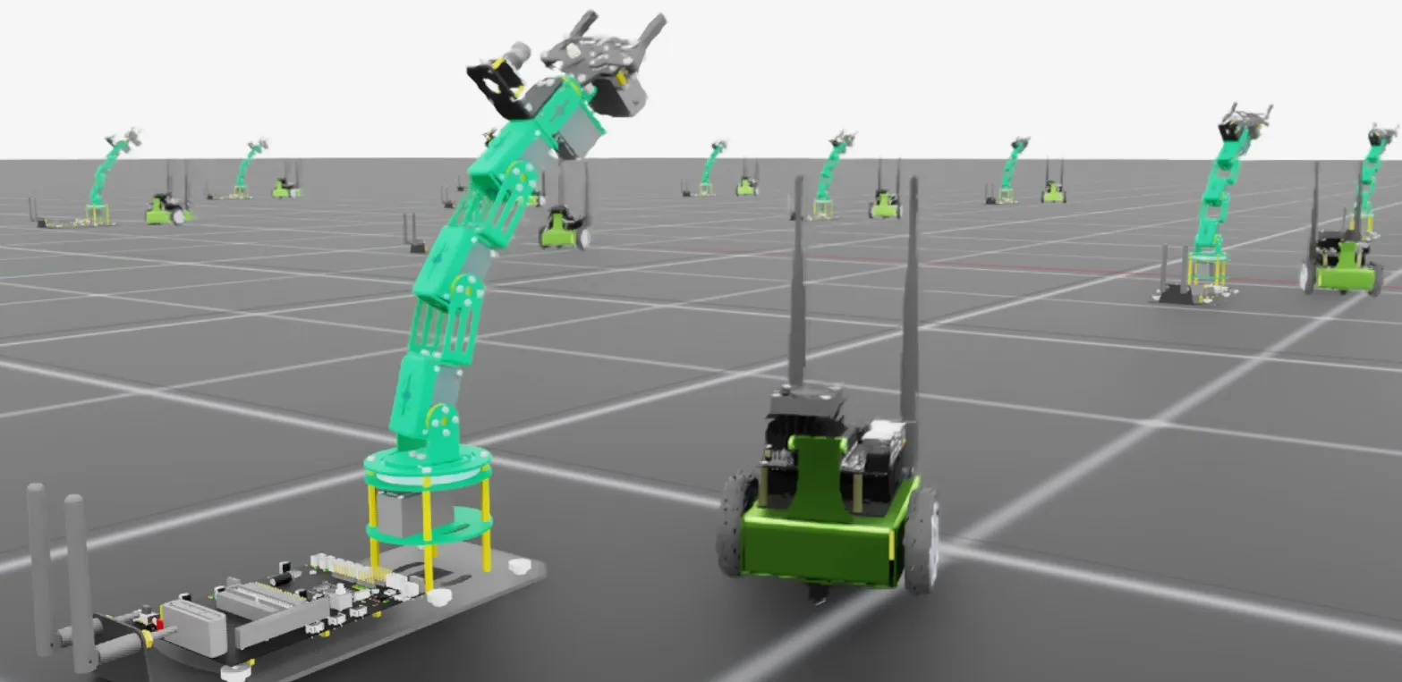 Jetbot and Dofbot running in the example scene.