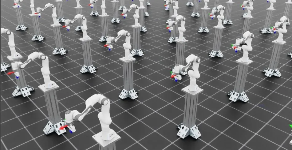 Franka arms on stands with coordinate-frame markers at their end effectors.
