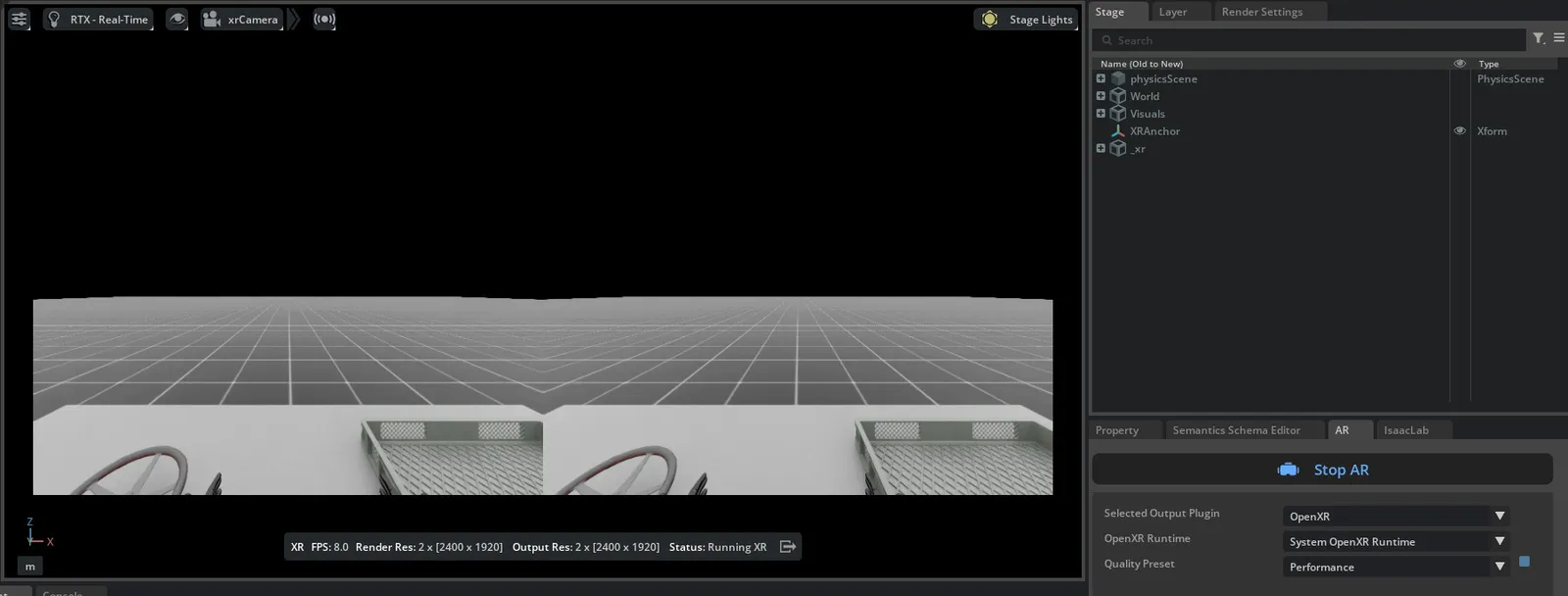 Isaac Lab viewport rendering two eyes