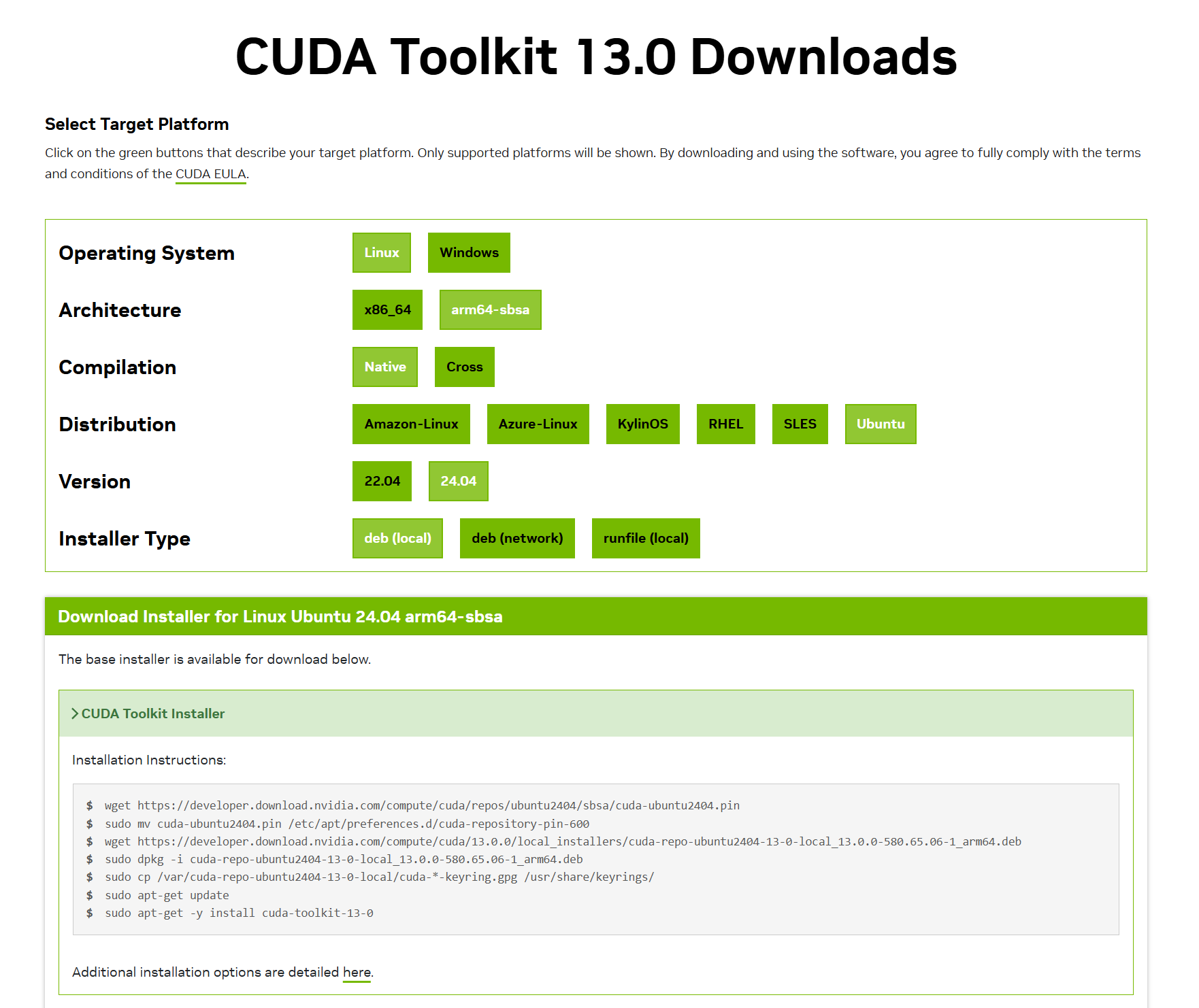 CUDA 13.0 Downloads page screenshot