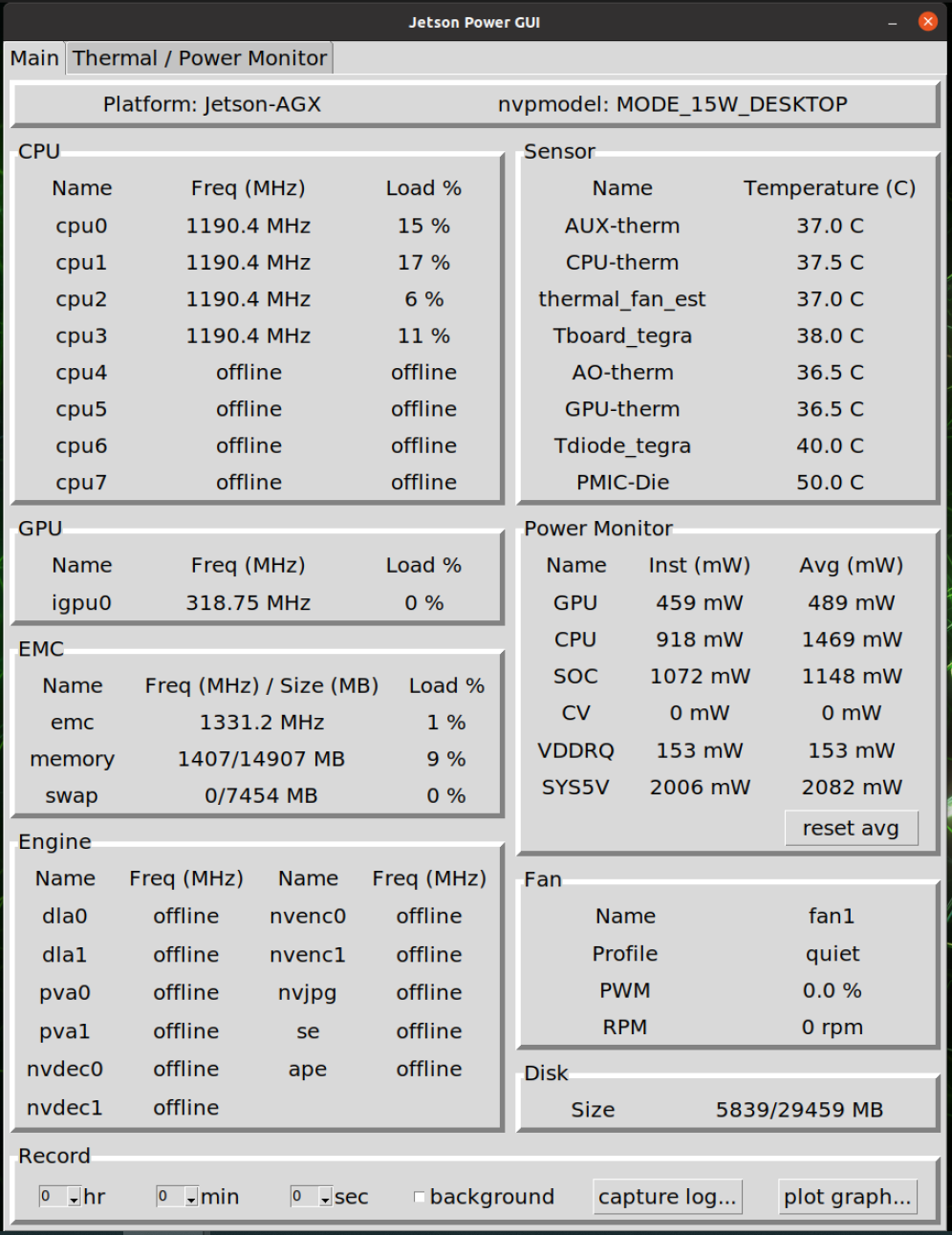 The main tab of Jetson Power GUI