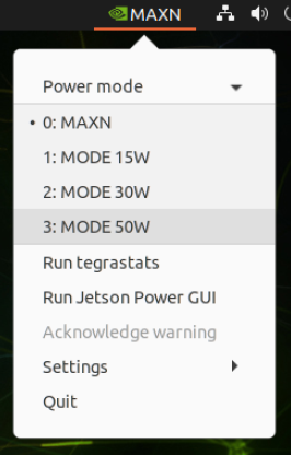 The power mode submenu