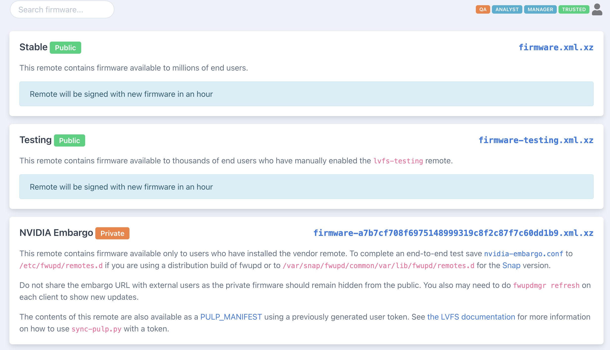 The LVFS meta page, showing the NVIDIA Embargo section.
