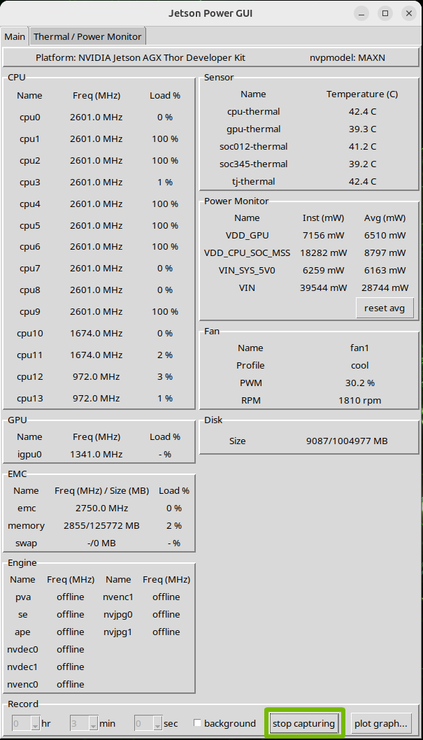 The main tab of Jetson Power GUI. In the Record section at the bottom of the tab, the "stop capturing" button is highlighted.