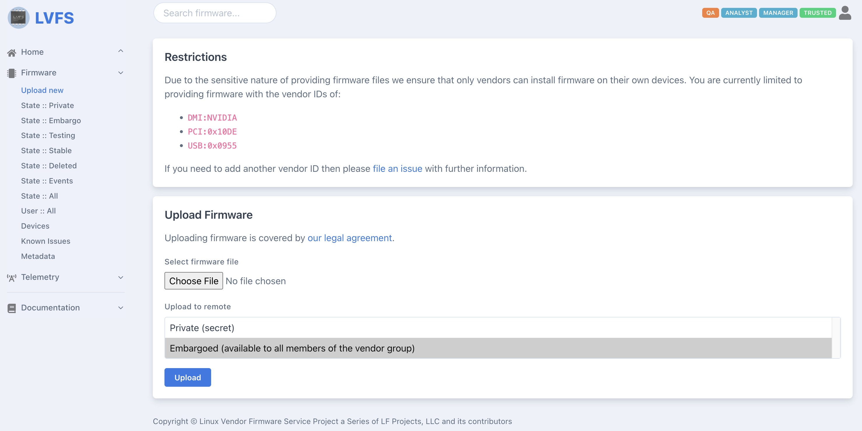 The Upload New page of the LVFS website, showing the Upload Firmware section with the Embargoed option selected.