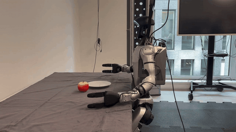 Unitree G1 humanoid robot placing an apple on a plate