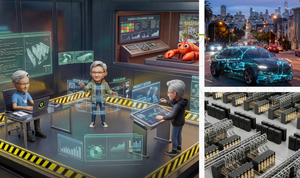 A stylized workspace where developers design AI systems on holographic displays, alongside a digital twin of a car and rows of data center hardware