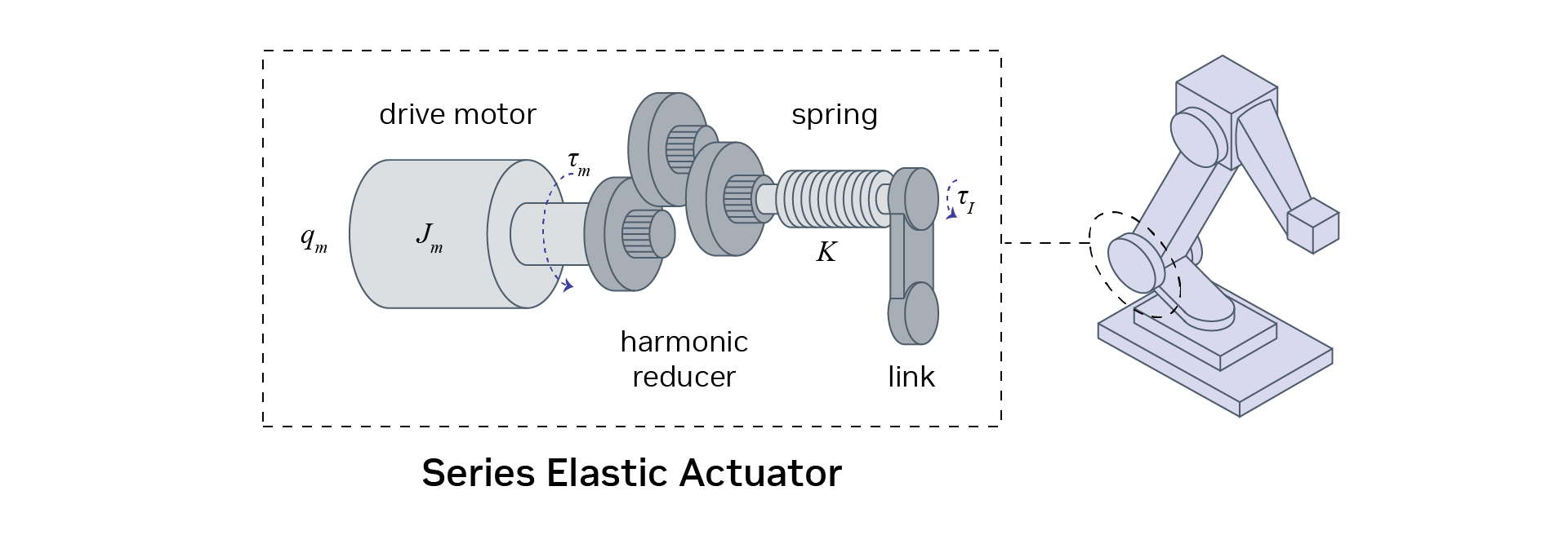 A robot joint containing a drive motor, harmonic reducer, spring, and output link, illustrating series elastic actuation.