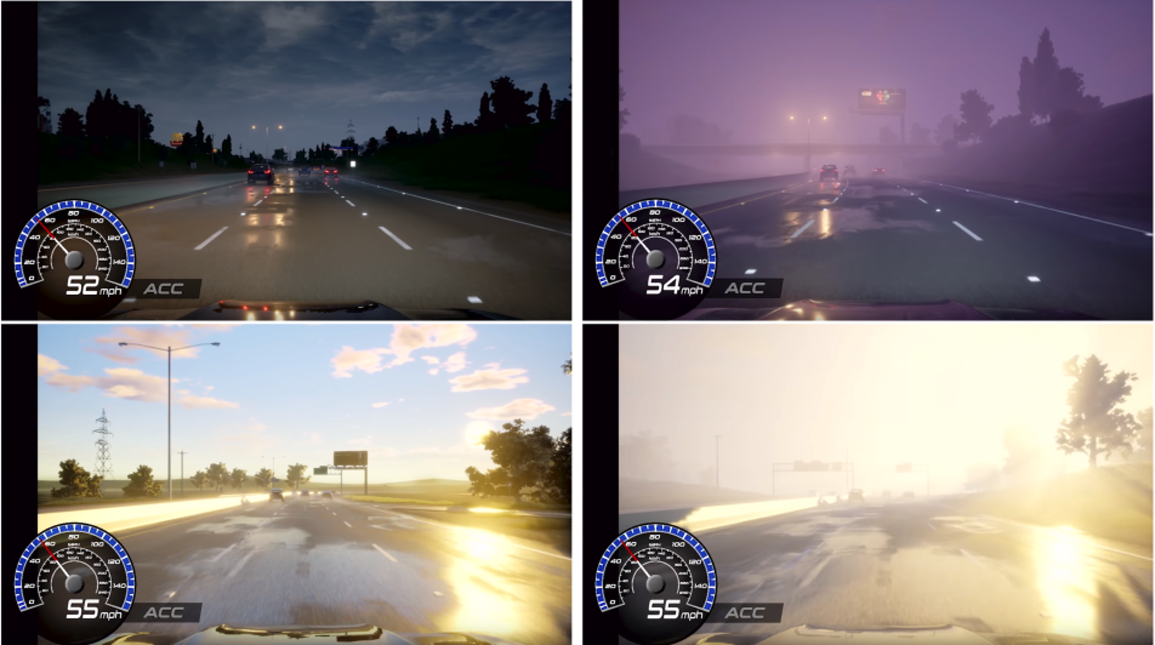 Four simulated highway views vary rain, fog, lighting, and sun glare to expose a driving policy to different conditions.