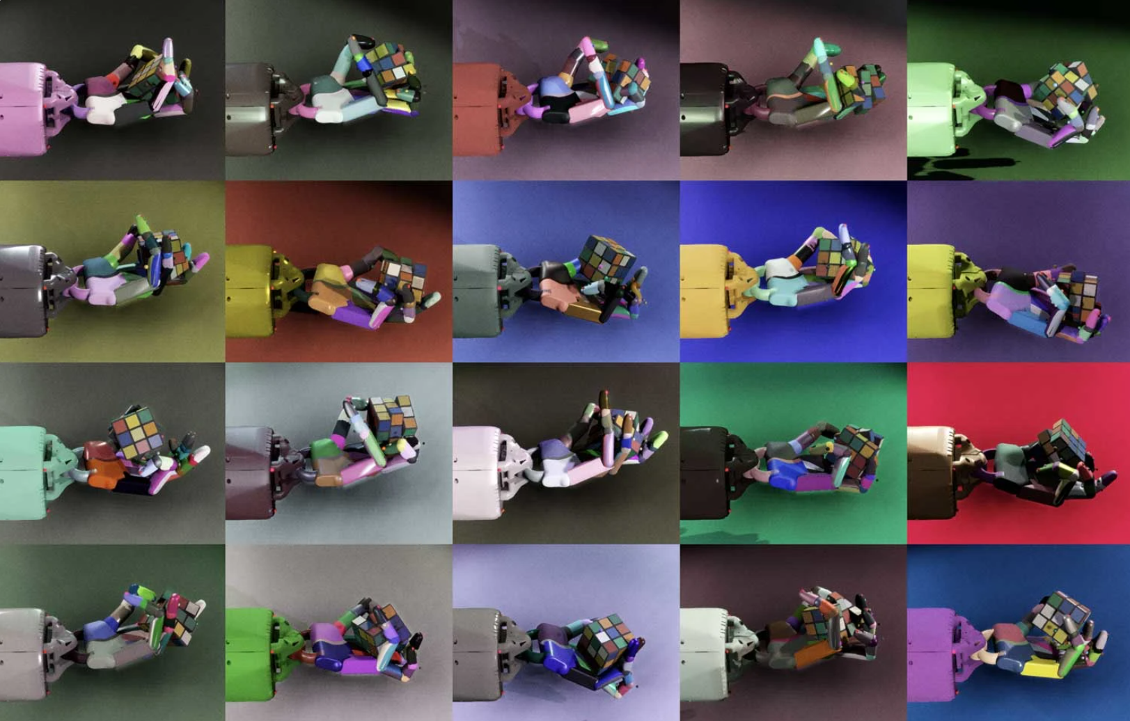 A grid of simulated robot hands holding a Rubik’s cube with varied colors, lighting, backgrounds, and viewpoints.