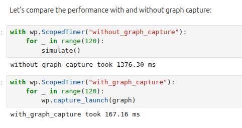 Timer output showing the without-graph-capture loop taking about 1376 milliseconds and the with-graph-capture loop taking about 167 milliseconds