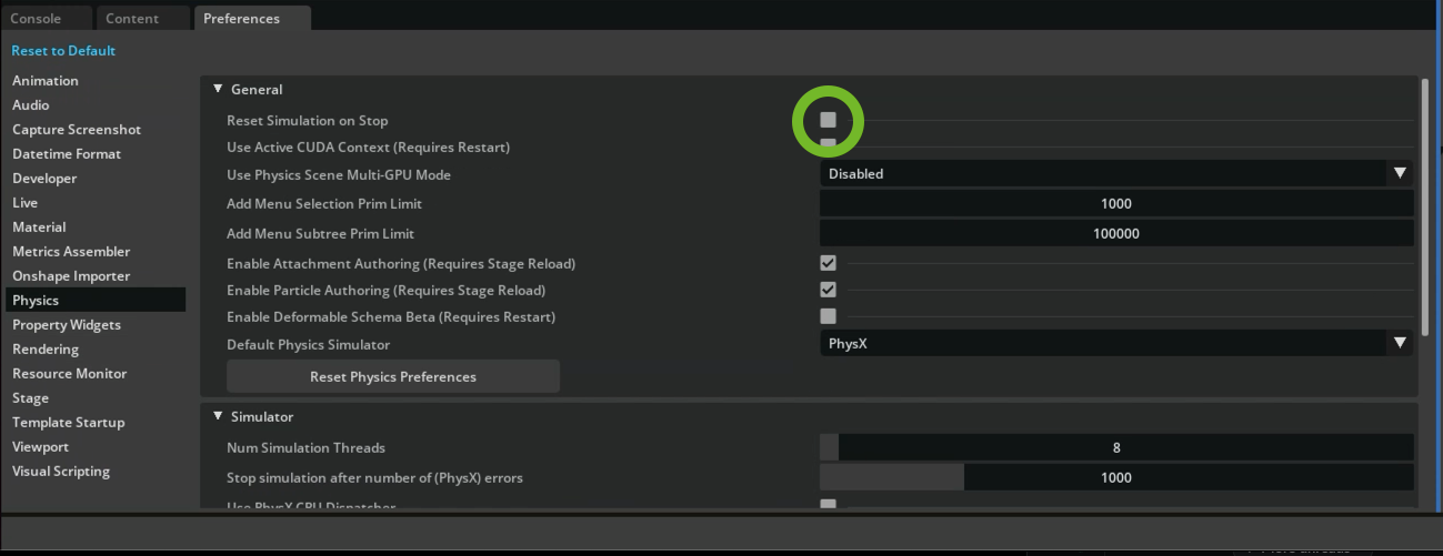 Physics preferences reset simulation setting