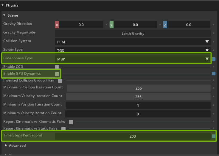 Physics Scene configuration settings
