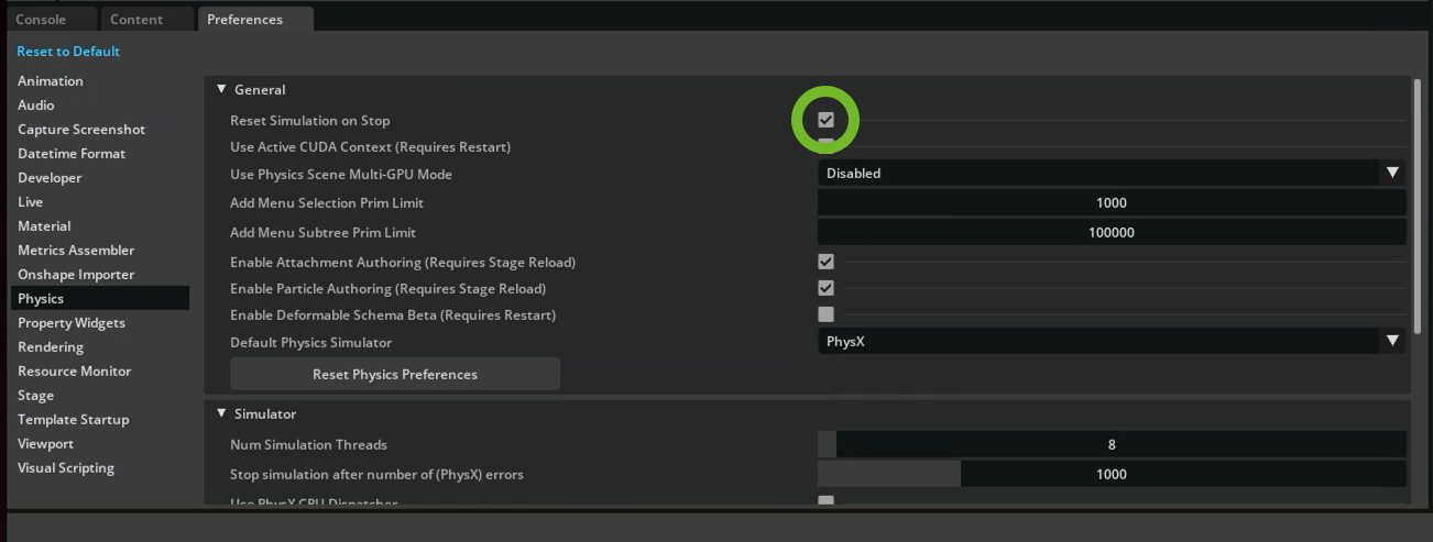 Physics preferences reset simulation setting enabled