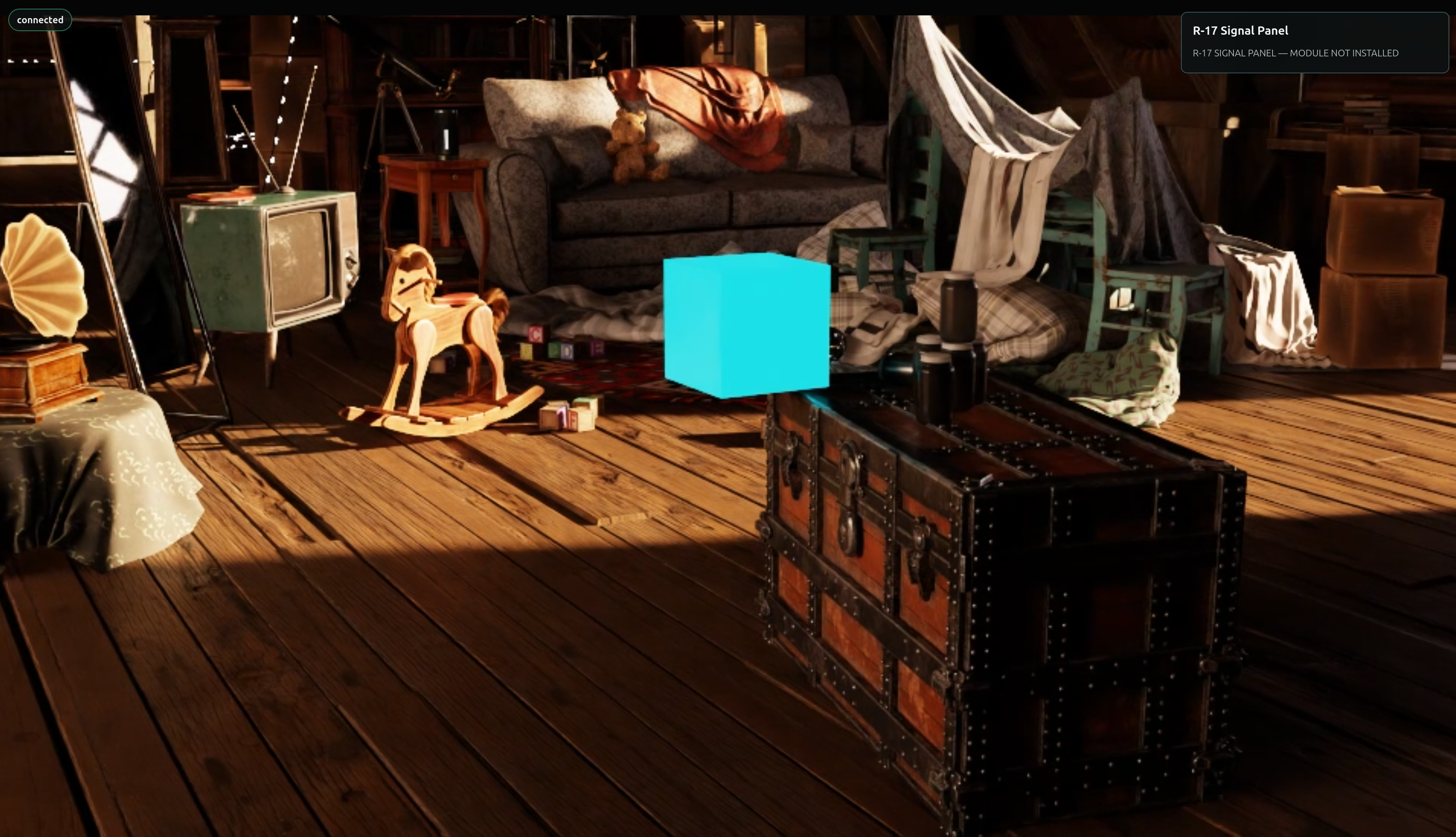 The live Attic Portal in the browser - the Old Attic scene with the cyan Memory Cube on a wooden trunk, a connected status badge, and the R-17 Signal Panel reading MODULE NOT INSTALLED.