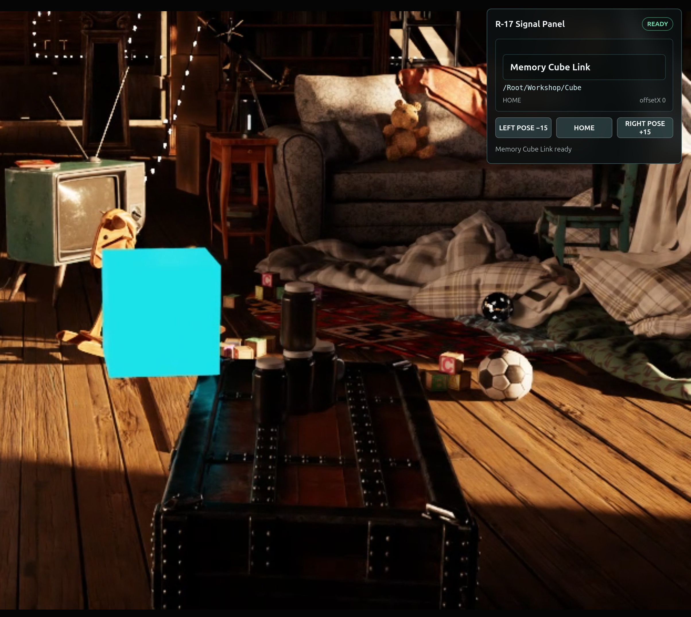 The R-17 Signal Panel Memory Cube Link section showing the resolved prim path /Root/Workshop/Cube and LEFT POSE minus 15, HOME, and RIGHT POSE plus 15 controls, with a READY status.